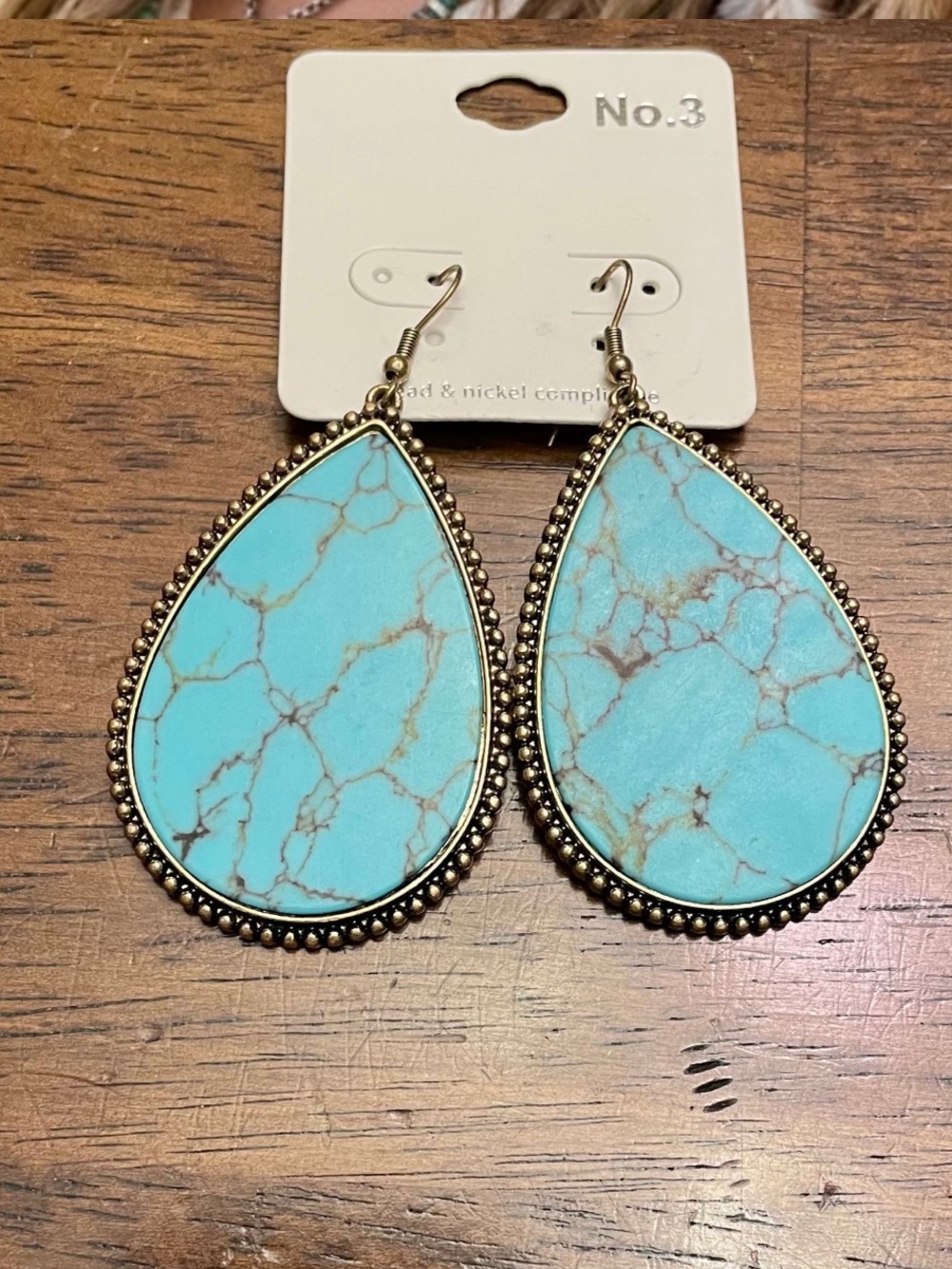 Turquoise Teardrop Dangle Earrings with Gold Trim - Picture 2 of 2
